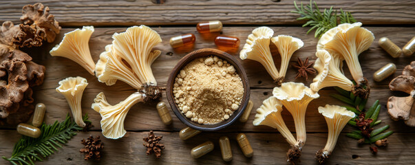 Natural Mushroom Powder and Supplements on Rustic Wooden Background