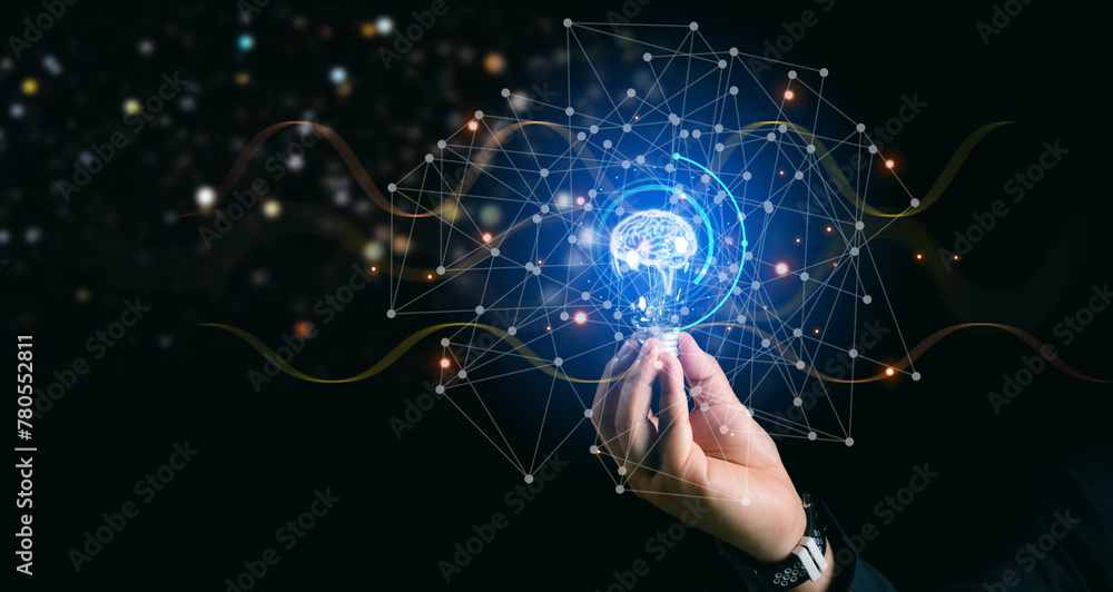 Poster businessman hand holding digital information network transformation next generation technology, soft
