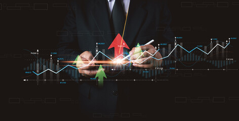 business finance technology and investment concept. Stock Market Investments Funds and Digital Assets. businessman analyzing forex trading graph financial data. Business finance background.