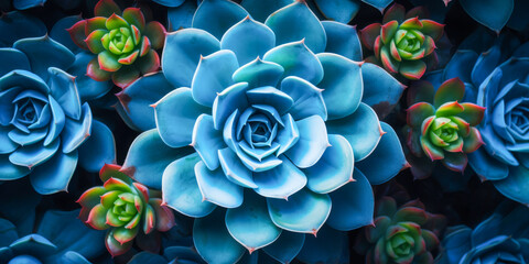 Vibrant Succulent Close-Up: Nature's Symmetry in Blue Tones - obrazy, fototapety, plakaty