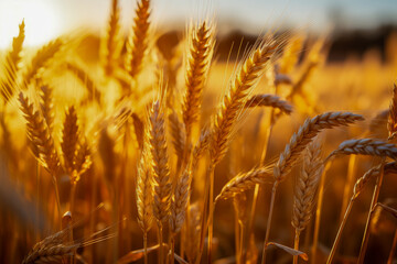 Fototapeta premium Sundown Glow on Ripe Wheat Field: Harvest Time Scenery