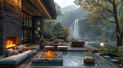 The cozy spring porch space of the stream luxury villa with Large monolithic natural stone fireplace in the forest at morning. outdoor seating and an open fire pit. Generative AI.