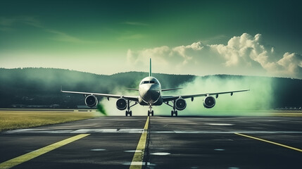 Majestic Airplane Ready for Takeoff on Runway with Mystical Green Smoke - obrazy, fototapety, plakaty