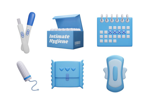Blue 3D menstruation intimate hygiene icon set. Cute cartoon style female healthcare set: menstrual tampon, sanitary pad packaging, pregnancy test and menstrual calendar 3D cartoon vector collection.