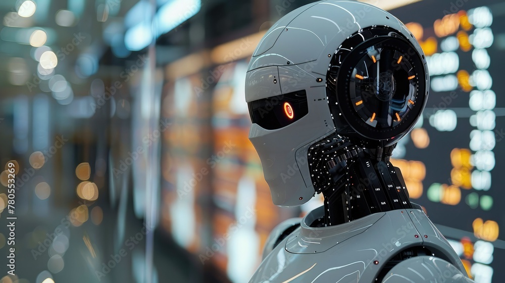 Poster Robot standing in front of an trading chart, use of artificial intelligence for stock market analysis. Generative AI.