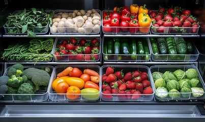Open fridge full of fresh fruits and vegetables, healthy food background, organic nutrition, dieting concept