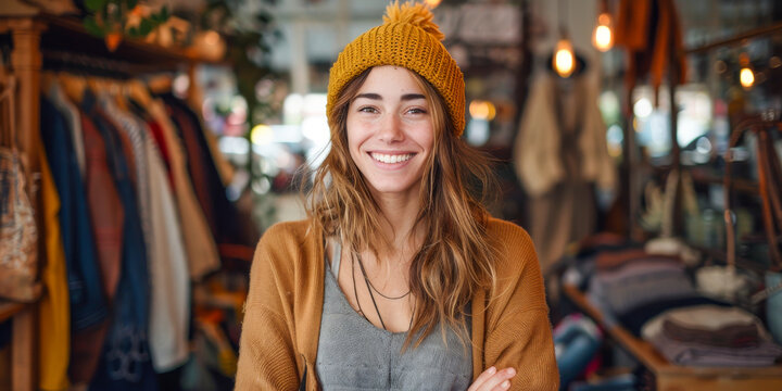 Smiling Young Woman in Knit Hat Shopping at Boutique Clothing Store