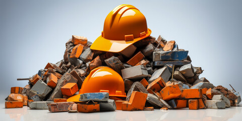 Construction Safety Helmets on Pile of Bricks
