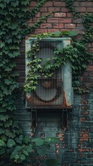 rusty air conditioning machine engulfed by ivy against a brick backdrop