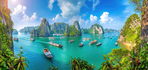 The most beautiful natural scenery in Vietnam is Ha Long Bay with its green mountains and blue waters - obrazy, fototapety, plakaty