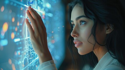 Indian business woman accessing big touch screen. Generative AI.