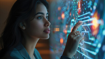 Indian business woman accessing big touch screen. Generative AI.