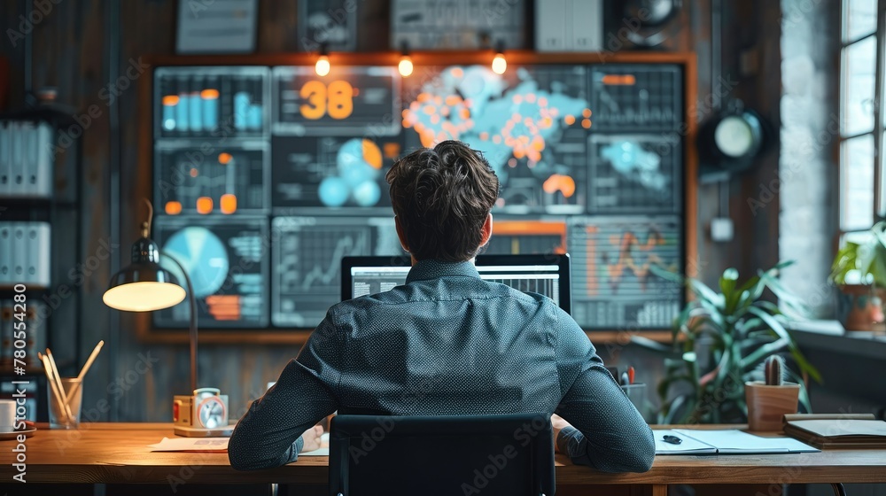 Poster Male working with computer and data infographic in office background. Generative AI.