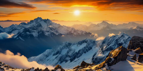 Majestic Mountain Sunset Panorama: Alpine Peaks and Glowing Horizon - obrazy, fototapety, plakaty