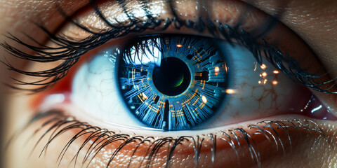 Futuristic Cybernetic Eye Close-Up with Digital Circuitry