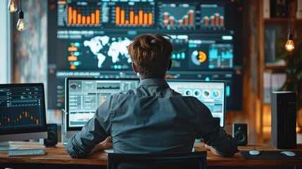 Male working with computer and data infographic in office background. Generative AI.