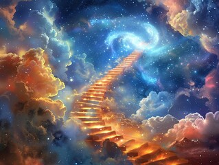 A luminous stairway spiraling upwards through clouds, leading to shimmering gates set against a backdrop of a star filled cosmos, blending the mystical with the infinite
