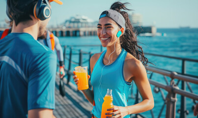 A happy woman in blue running gear drinks from an orange and red sports bottle of energy drink while standing on the boardwalk