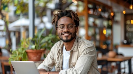 Fototapeta premium Portrait of a smiling fashionable man studying and working remotely. Generative AI.
