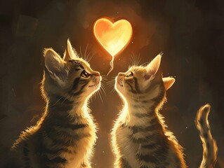 A duo of kittens, one tabby and one solid color, their tails entwined, looking up at a heart that seems to glow with warmth, their expressions a mix of curiosity and fondness. - obrazy, fototapety, plakaty
