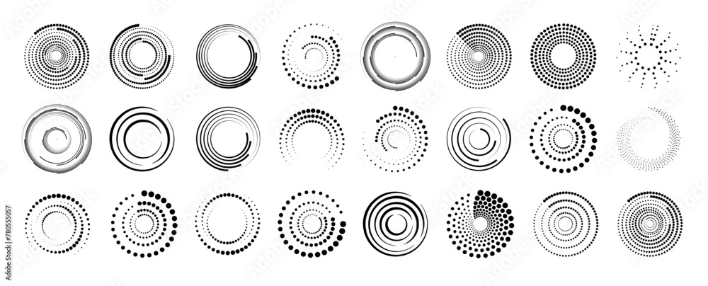 Wall mural halftone circular dotted frames set. set of black thick halftone dotted speed lines. speed lines in 