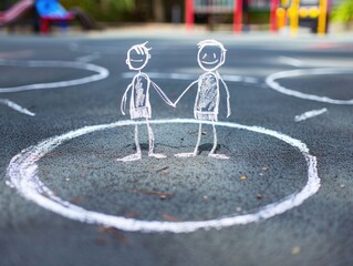 Two stick figures on a playground, separated by a chalk drawn circle around each, looking at each other with smiles, depicting a playful take on keeping a safe distance, enjoying social interaction