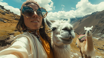 A woman is taking a selfie with a white llama