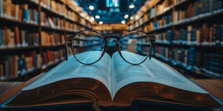 Library Study Session: Open Book with Glasses in Focus