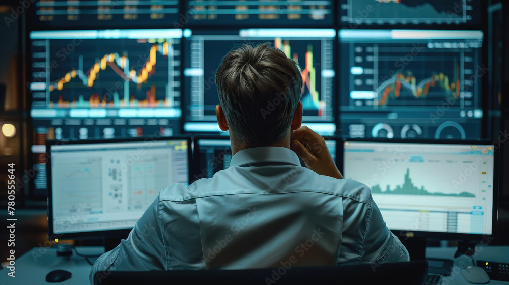 Poster male looking at analyse chart patterns on the screen. generative ai.