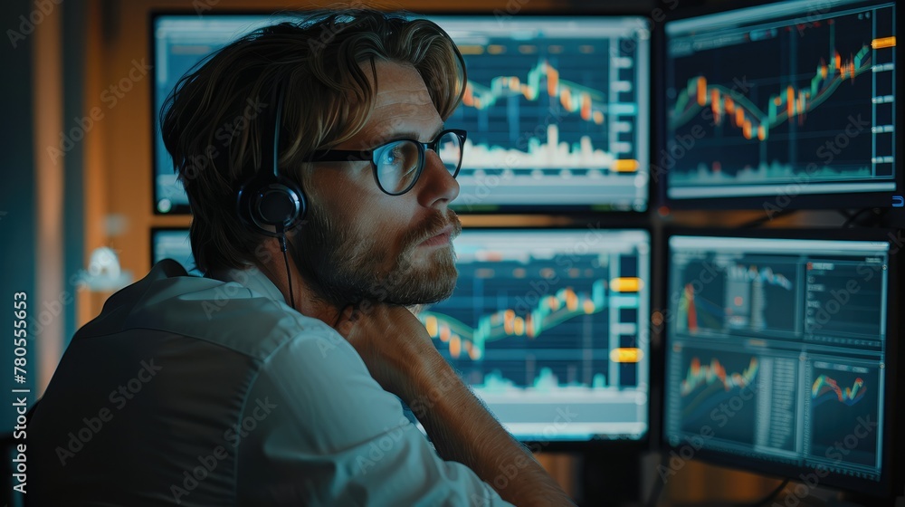 Poster male looking at analyse chart patterns on the screen. generative ai.