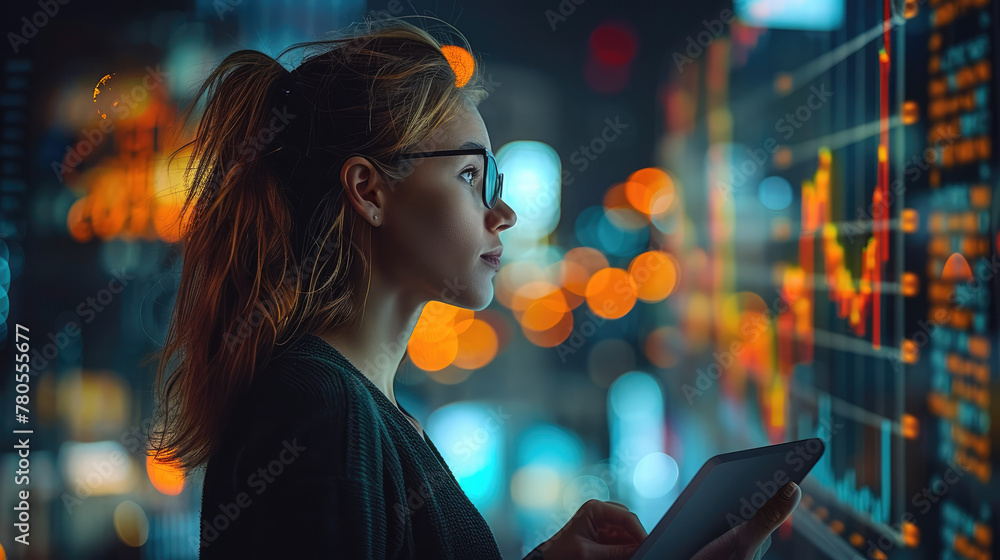 Poster female businessperson holding tablet computer in front of charts at night. generative ai.