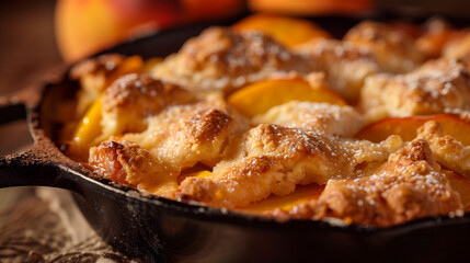 Peach cobbler in a cast iron skillet, showcasing a rustic and heartwarming dessert that marries the sweetness and tartness of ripe peaches with a golden, crumbly topping, baked to perfection. 
