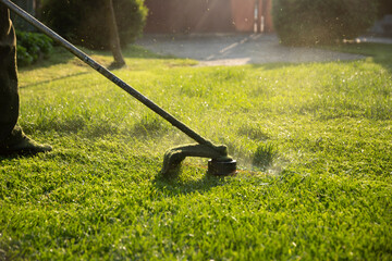 Lawn mover on green grass. Machine for cutting lawns.