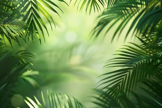 Minimal abstract background with blurry shadow of tropical palm leaves. Cosmetic product Presentation. Premium podium. Pastel light empty green wall. Showcase display case, Top view. Modern Spa mockup