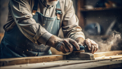 Primer plano de manos de un carpintero trabajando la madera. Concepto Día internacional del trabajador. - obrazy, fototapety, plakaty
