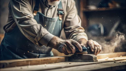 Fotobehang Primer plano de manos de un carpintero trabajando la madera. Concepto Día internacional del trabajador. © Shyla Marsare