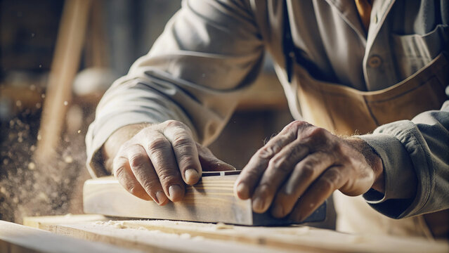 Primer plano de manos de un carpintero trabajando la madera. Concepto D&iacute;a internacional del trabajador.