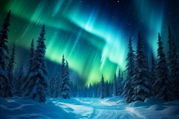 Naklejka premium Aurora boreal en el bosque nevado.