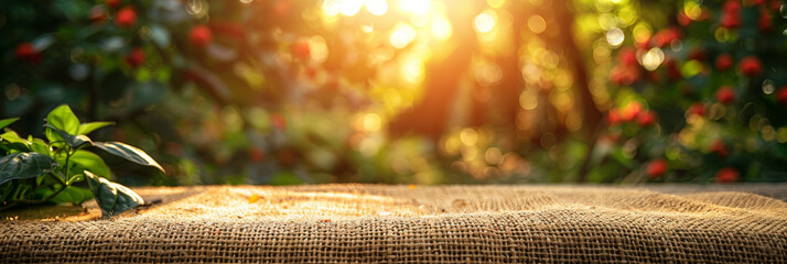 Sunset Glow Over Burlap Texture with Lush Greenery