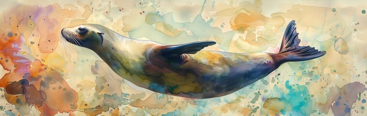 Watercolor painting of a sea lion. Sea lions or sea bears are mammals classified as eared seals.
 Use for wallpaper, posters, postcards, brochures.
