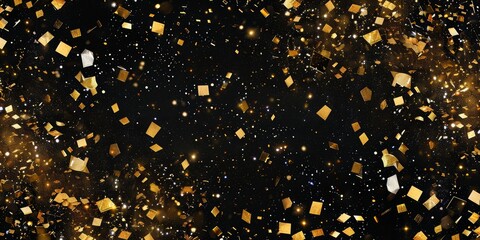 Many golden paper particles flying and splashing on the black background overlay, AI Generated.