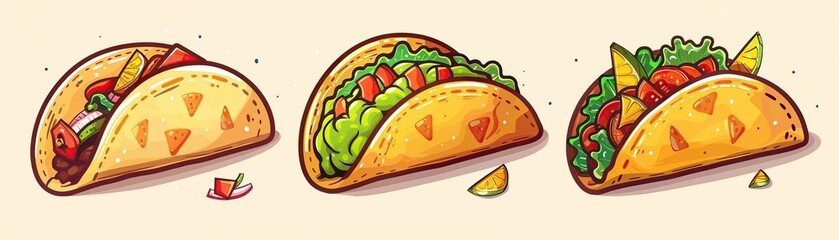 Tacos, guacamole, salsa, and other Mexican cuisines in a fun, cartoon style, 2D illustration, isolate on soft color background.