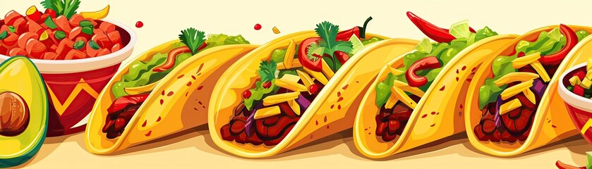 Tacos, guacamole, salsa, and other Mexican cuisines in a fun, cartoon style, 2D illustration, isolate on soft color background.