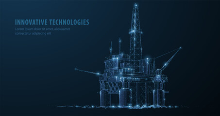 Oil rig. Abstract 3d floating rig platform isolated on blue. gas platform, offshore drilling, refinery plant, petroleum industry - obrazy, fototapety, plakaty