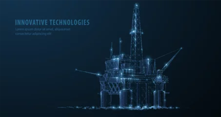 Foto op Canvas Oil rig. Abstract 3d floating rig platform isolated on blue. gas platform, offshore drilling, refinery plant, petroleum industry © CoreDESIGN