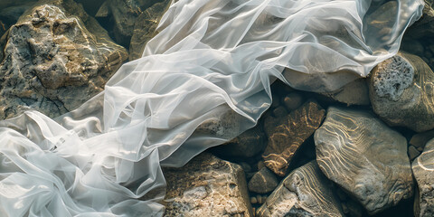 Elegant White Fabric Draped Over Sunlit Rocks