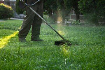 Lawn mover on green grass. Machine for cutting lawns.