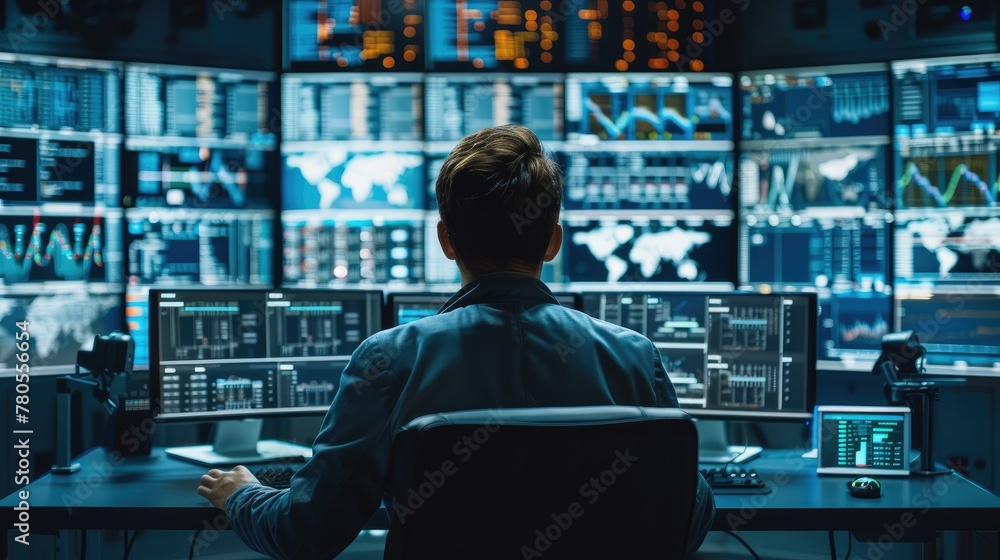 Poster Male system control center operator Working with Multiple Screens Showing Technical Data at workplace. Generative AI.