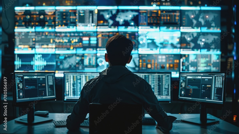 Poster Male system control center operator Working with Multiple Screens Showing Technical Data at workplace. Generative AI.