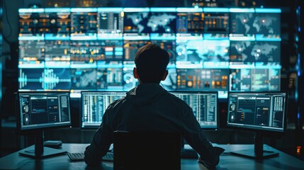 Male system control center operator Working with Multiple Screens Showing Technical Data at workplace. Generative AI.